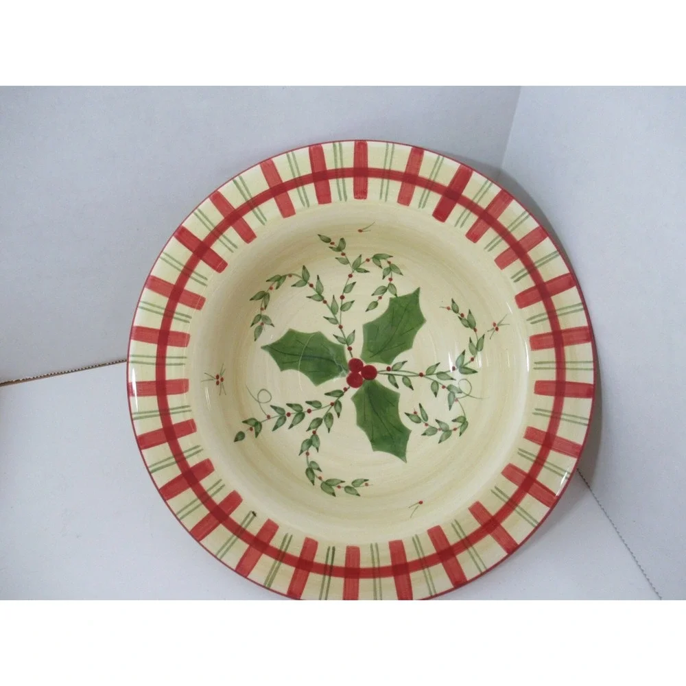 Los Angeles Pottery Laurie Gates design 2 soup bowls holly berries plaid‎ Xmas